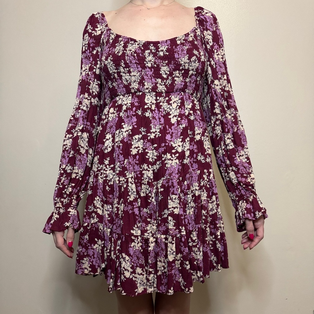 Mini Long Sleeve Floral Burgundy Dress
